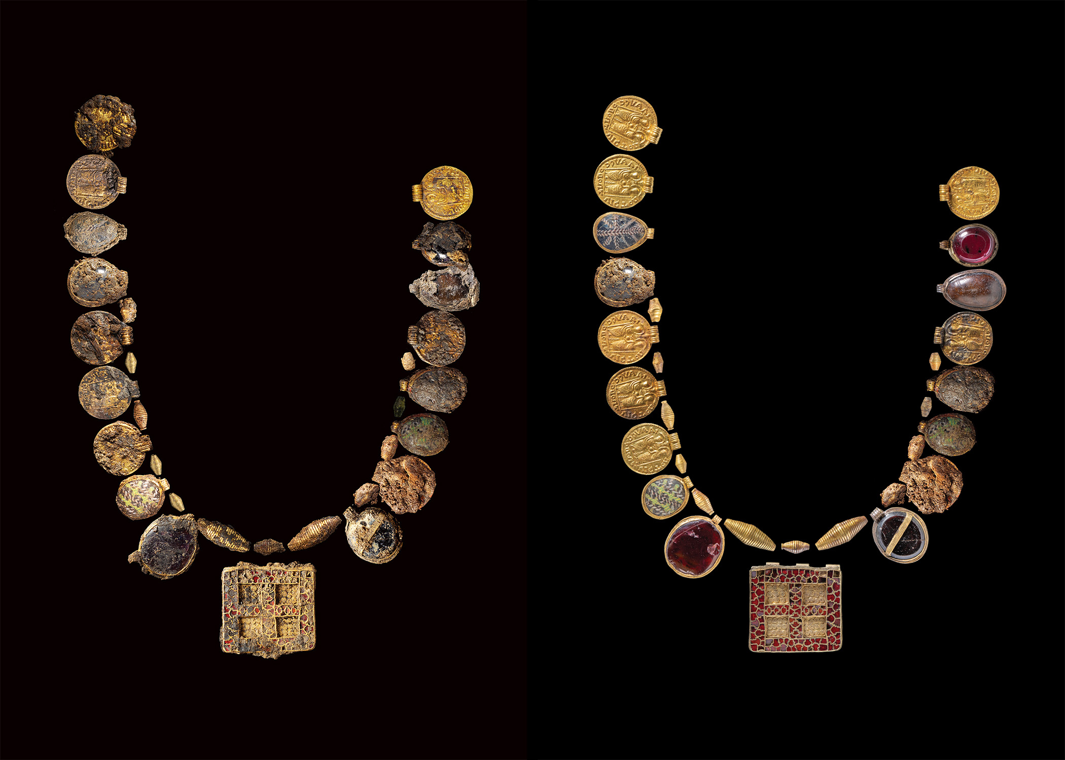 Amazing pectoral and necklace in a seventh-century female tomb
